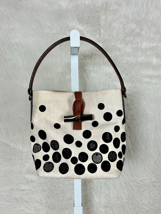Longchamp Handbags - Longchamp Roseau Essential Ivory Black Polka Dot Fabric Small Bucket Bag
